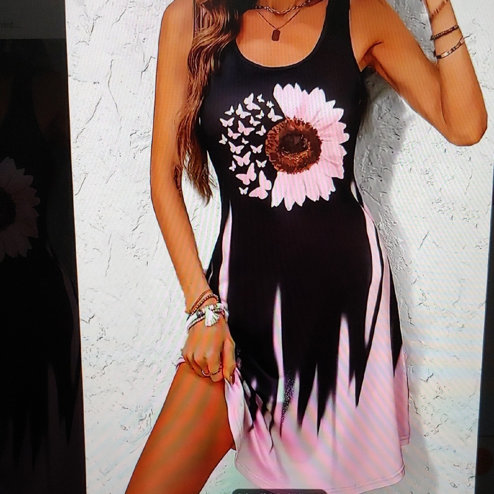 NWT Black and Pink Sunflower Tank Dress * Size M * Sleeveless Dress